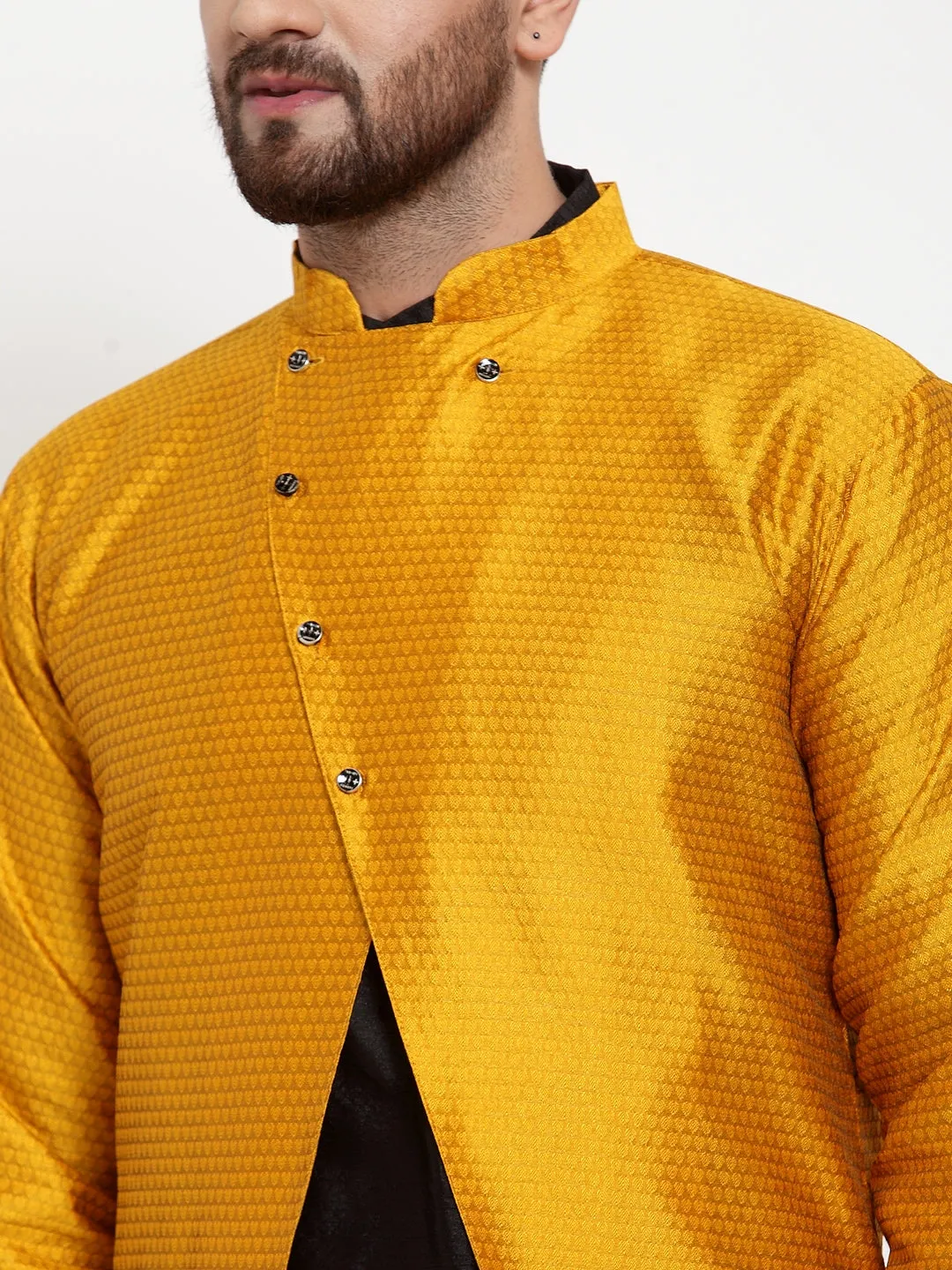 Men's Black Kurta With Pyjama & Mustard Self Design Jacket - Benstoke