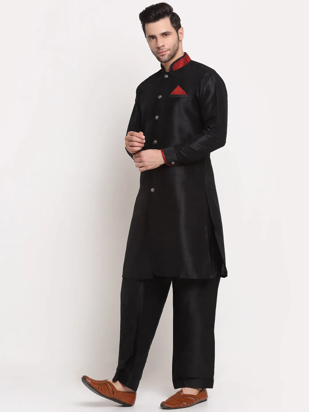 Men's Black Solid Kurta With Pyjamas Set - Benstoke