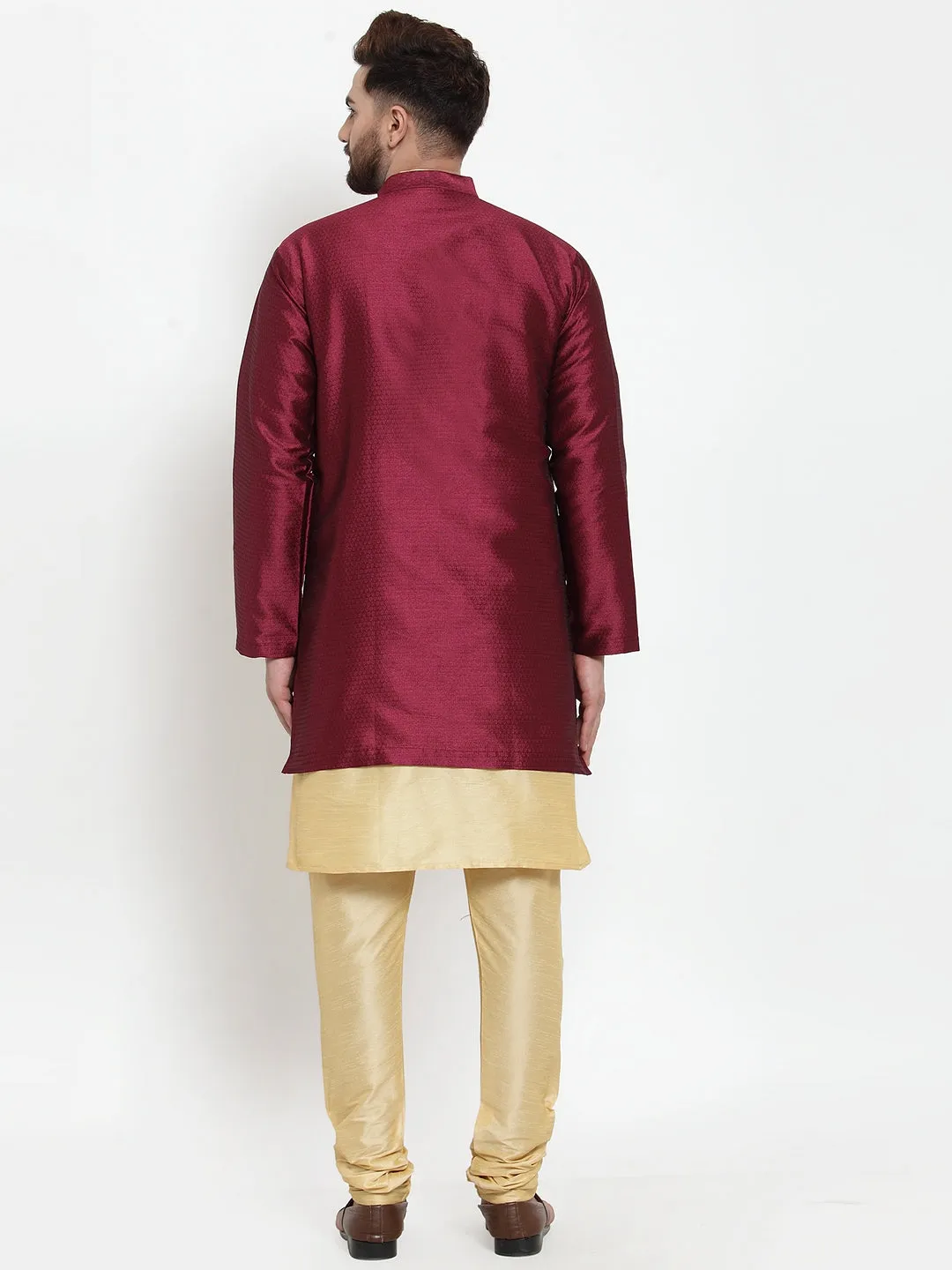 Men's Gold Kurta With Pyjama & Wine Self Design Jacket - Benstoke