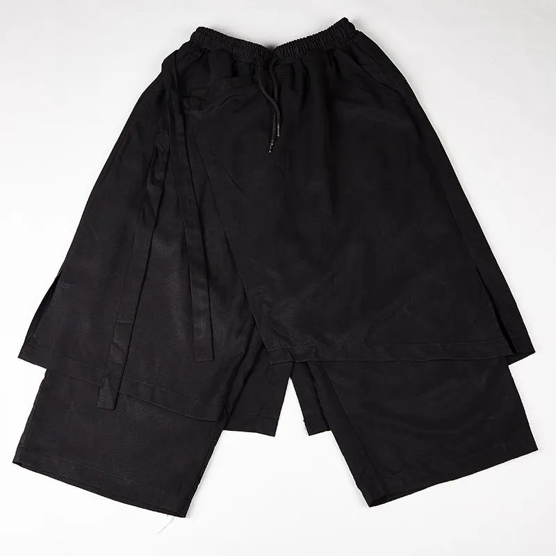 Men's Japanese Dark Elastic Waist Cropped Culottes