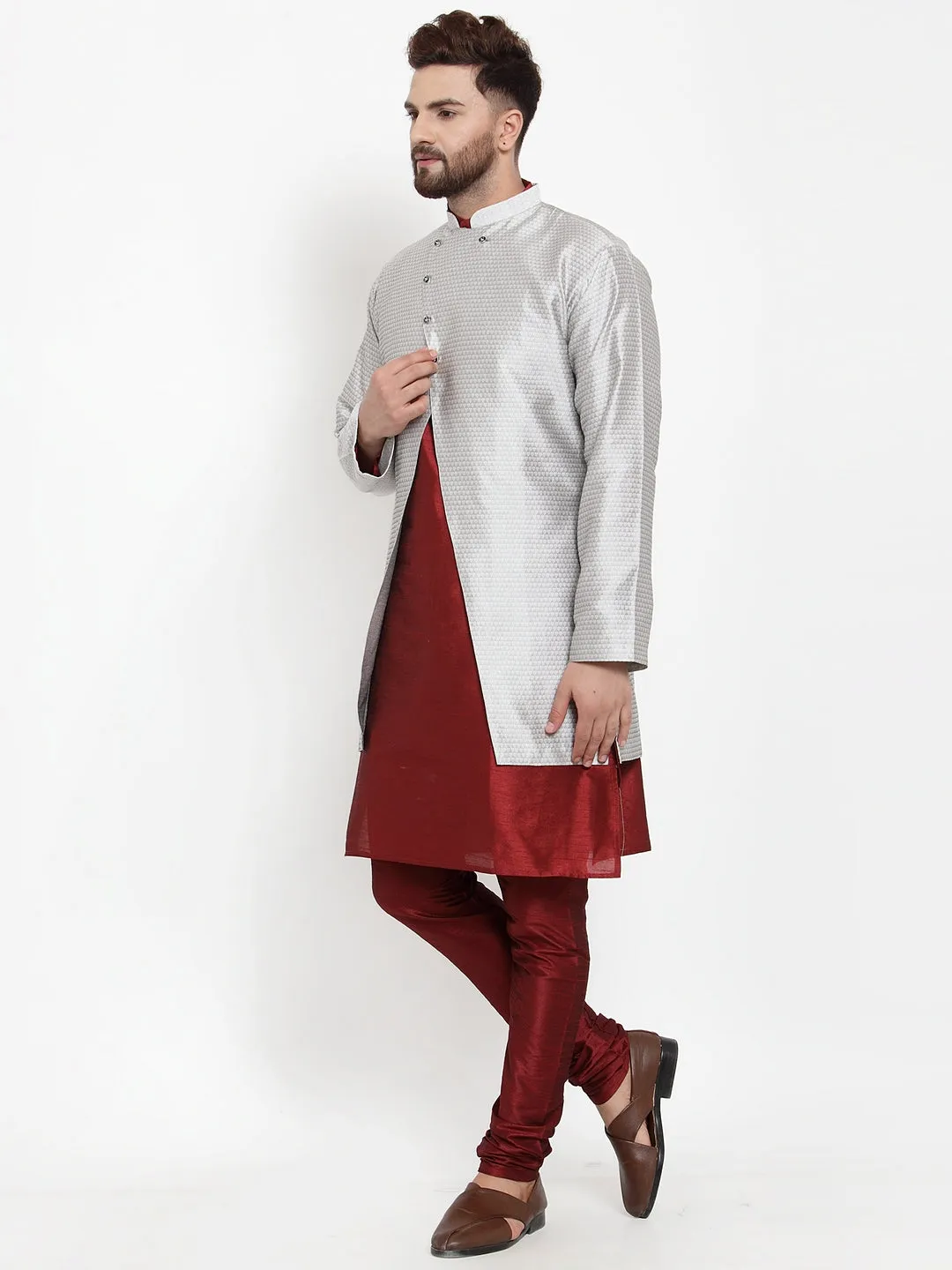 Men's Maroon Kurta With Pyjama & Grey Self Design Jacket - Benstoke