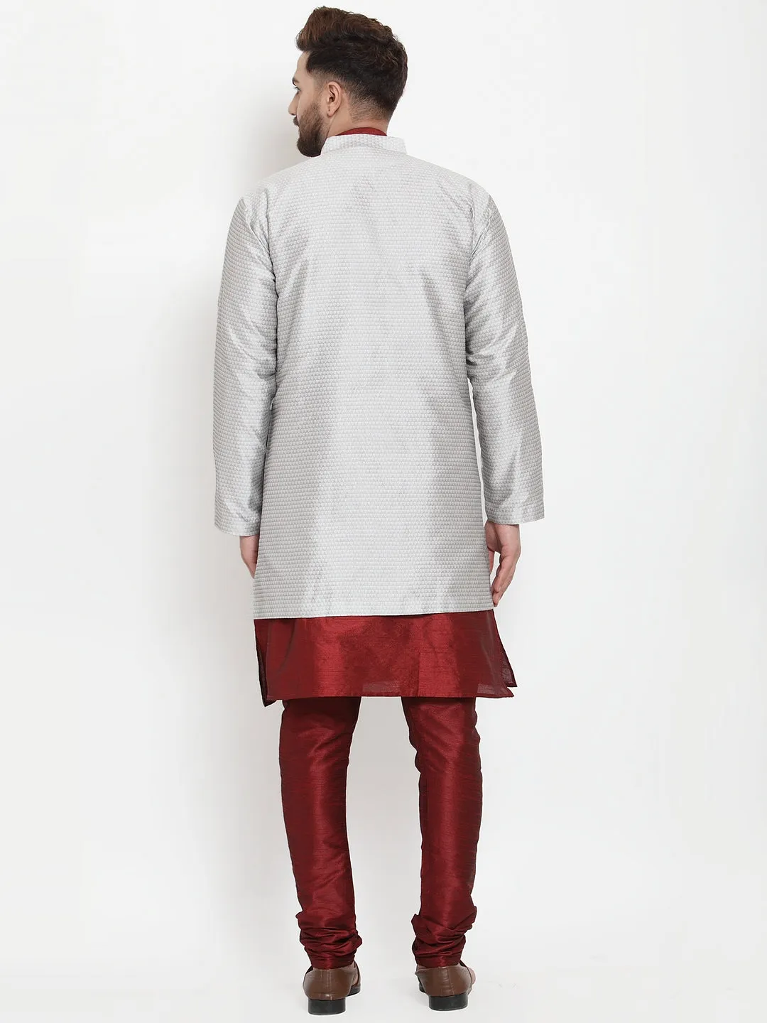 Men's Maroon Kurta With Pyjama & Grey Self Design Jacket - Benstoke