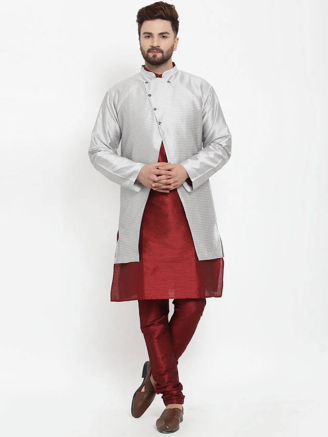 Men's Maroon Kurta With Pyjama & Grey Self Design Jacket - Benstoke