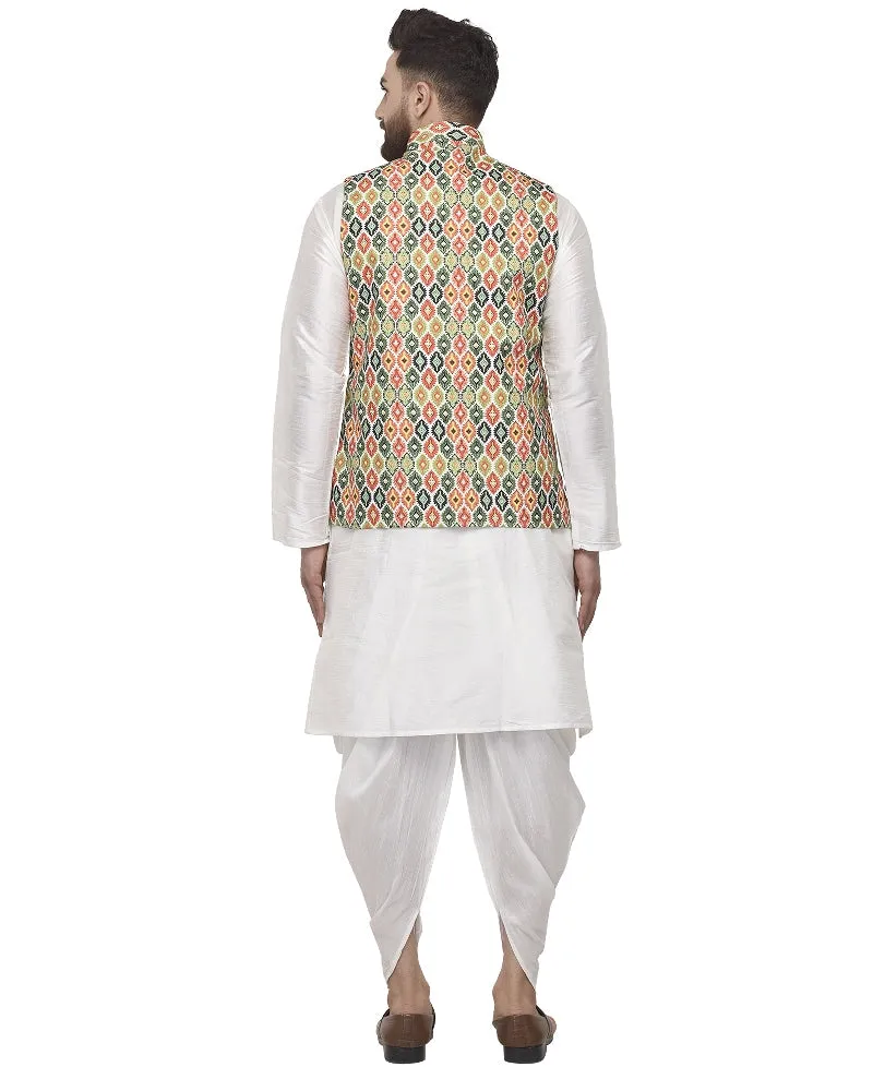 Men's White Kurta With Dhoti & Multi Printed Nehru Jacket - Benstoke