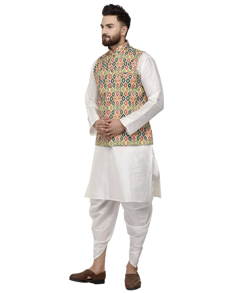 Men's White Kurta With Dhoti & Multi Printed Nehru Jacket - Benstoke