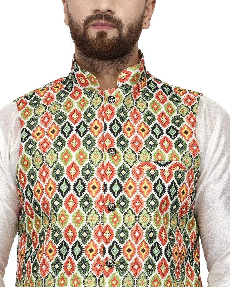 Men's White Kurta With Dhoti & Multi Printed Nehru Jacket - Benstoke