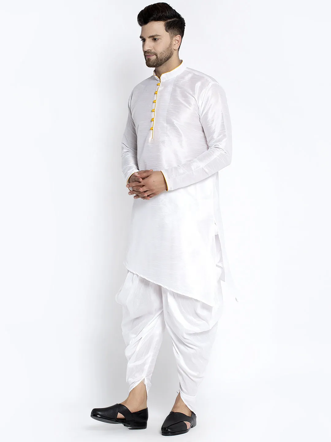 Men's White Solid Kurta With Dhoti Pant - Benstoke