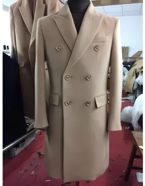 Men's Wool And Cashmere Double Breasted Long Overcoat Beige ~ Camel Three Quarter Winter Men's Topcoat Sale