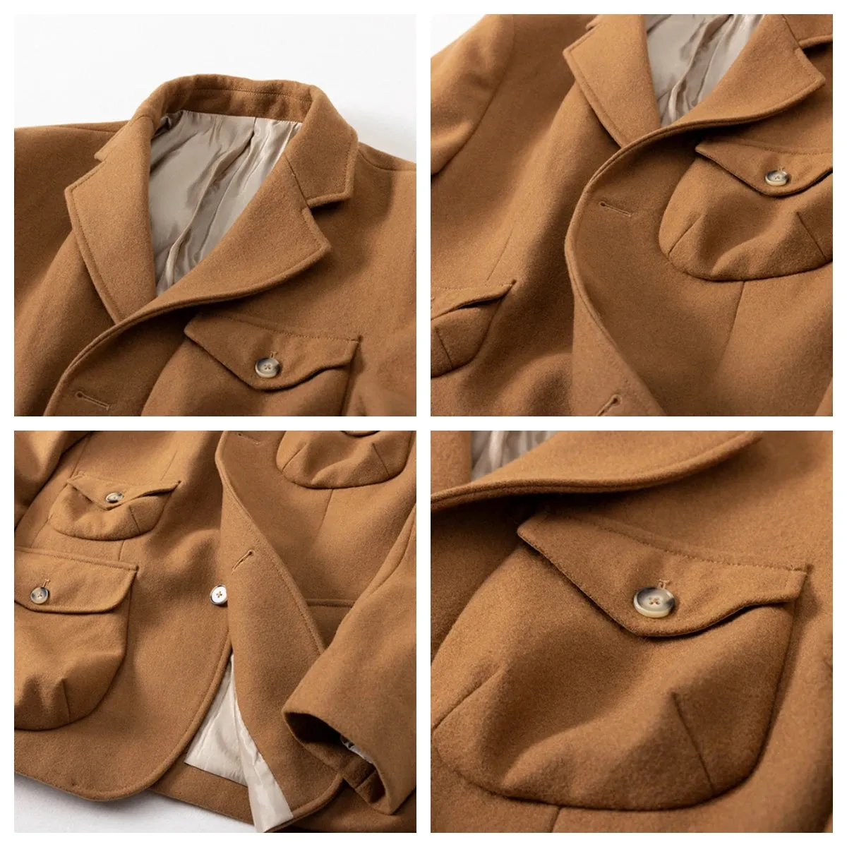 Men's Woolen Safari Jacket with Multi-pockets and Notch Lapel