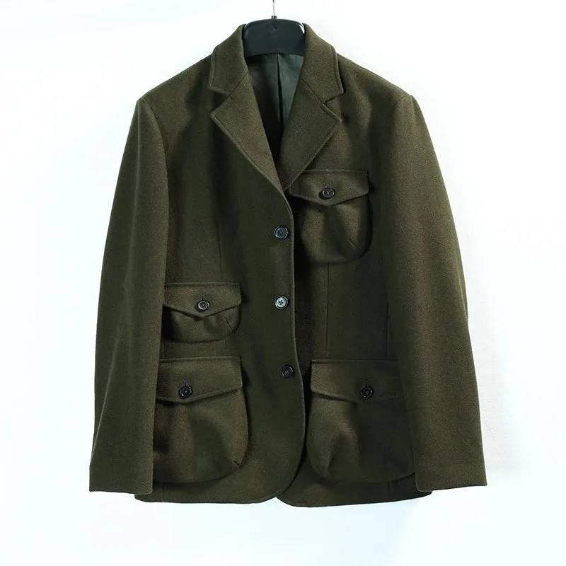 Men's Woolen Safari Jacket with Multi-pockets and Notch Lapel