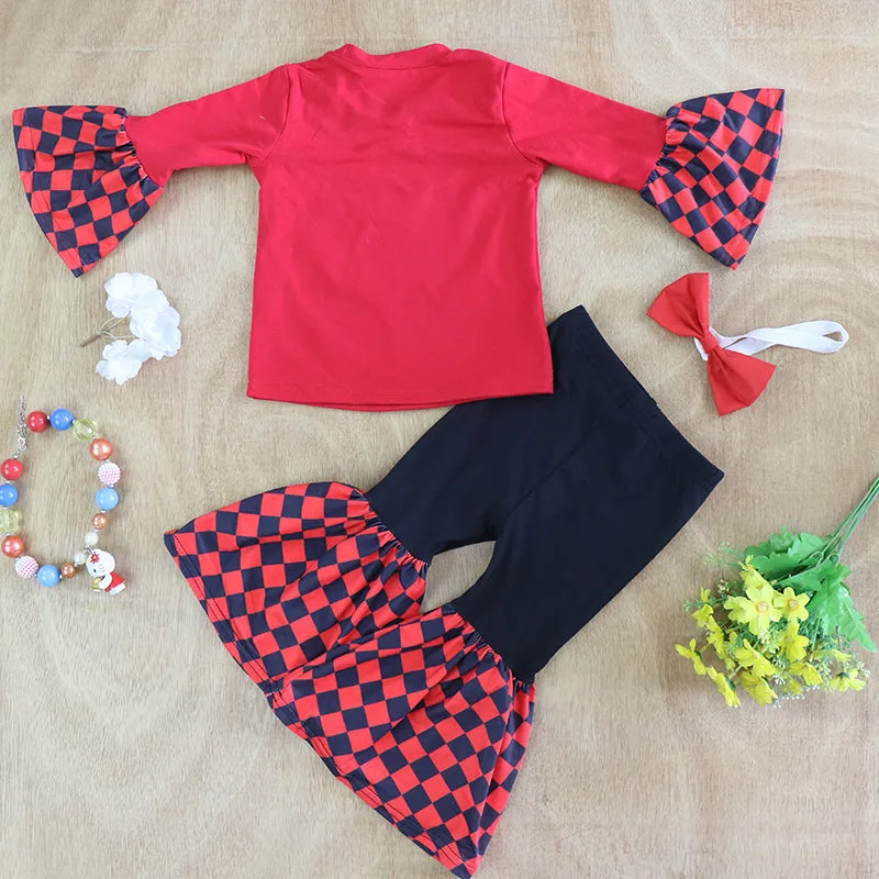 MERRY CHRISTAS Buffalo plaid bell-bottom girl set DLH0923-01