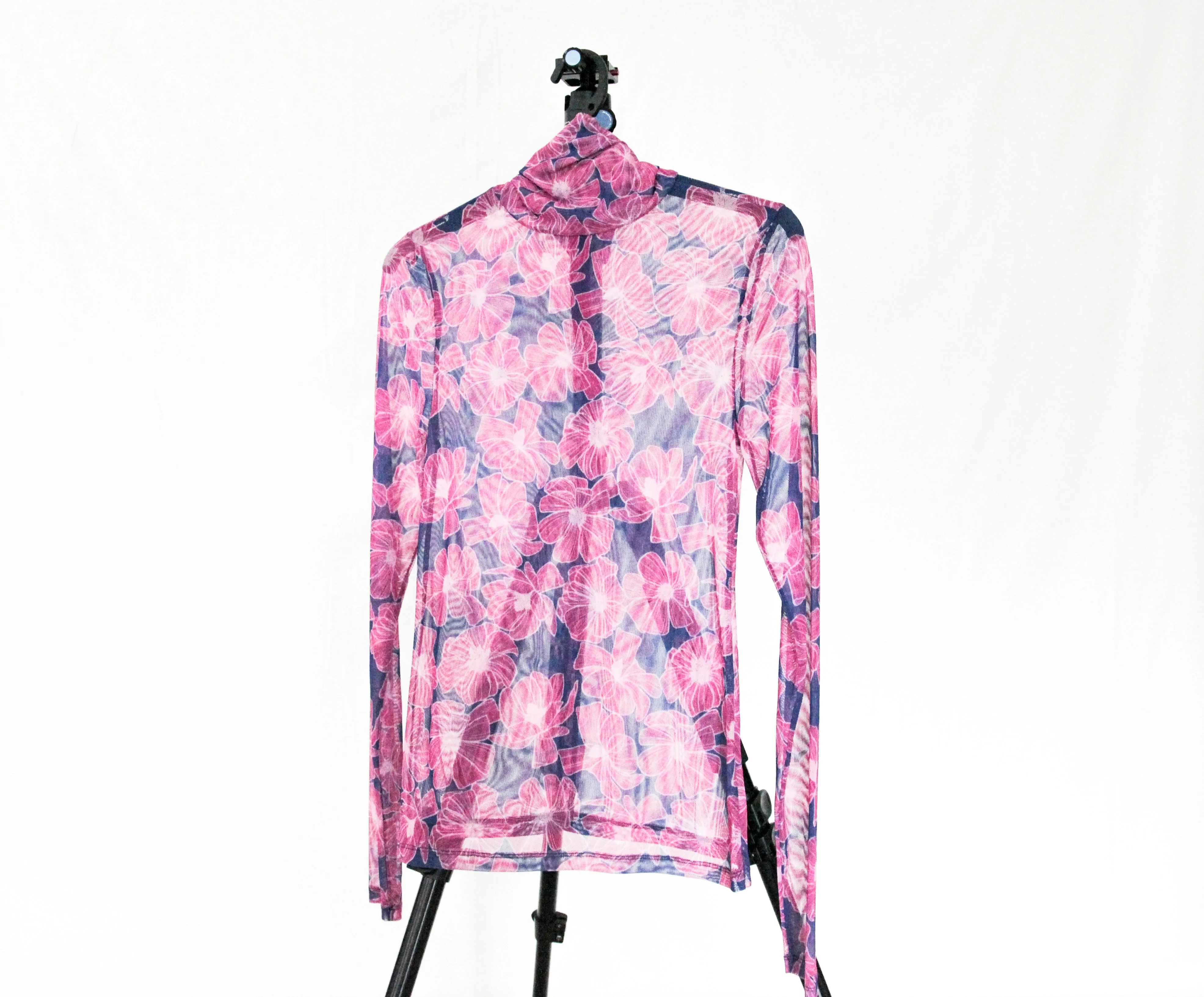 Mesh Turtleneck Top in Pink Floral Print