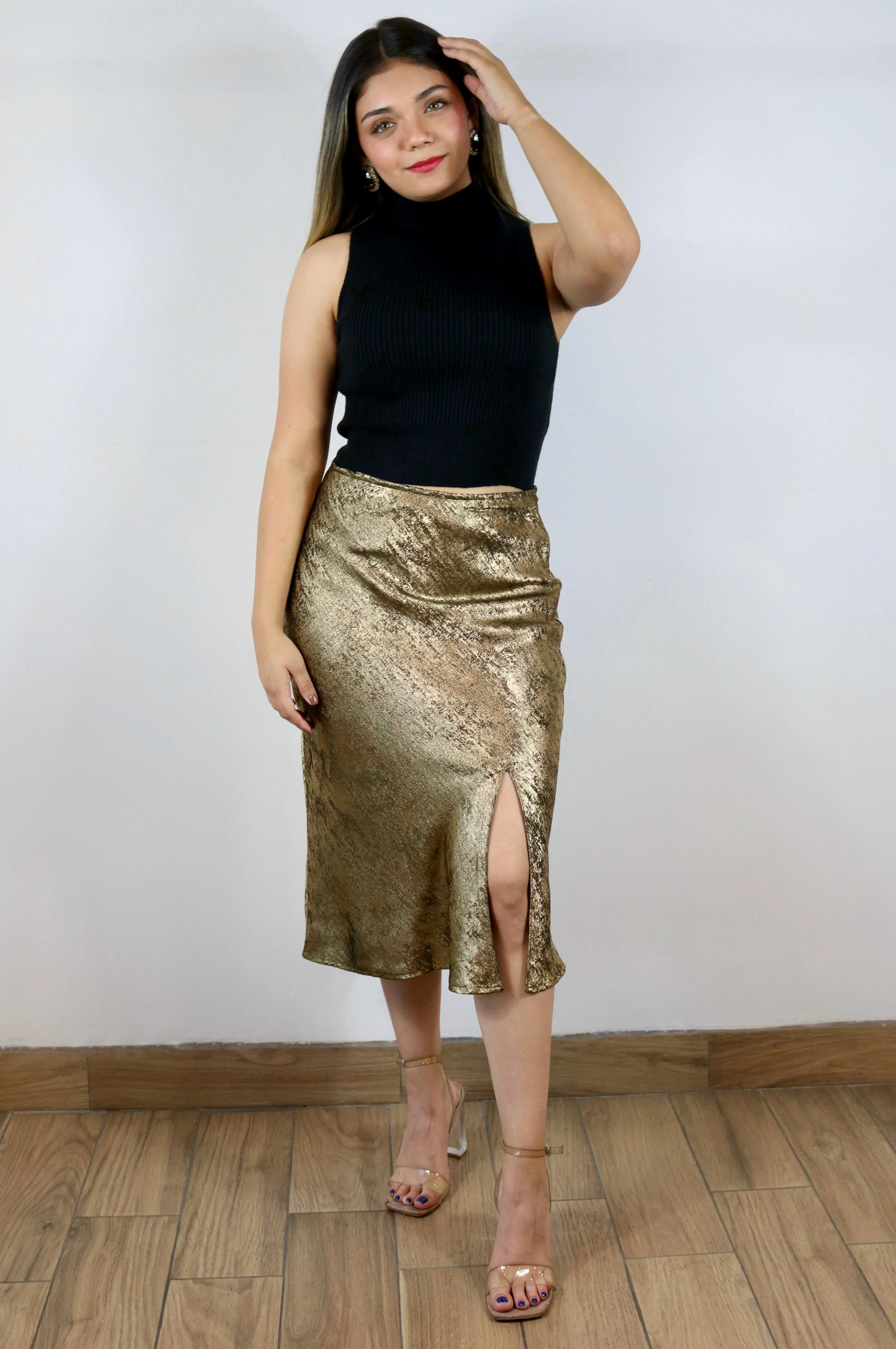 Metallic Shimmer Crepe Midi Skirt