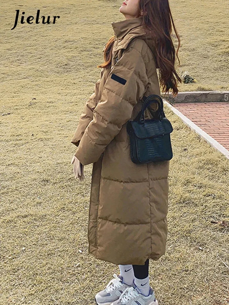 Metaversmall Casual Oversize Long Down Coats Women Winter Hooded Korean Loose Khaki Parkas Fashion Thick Warm Mid Length Jacket Female