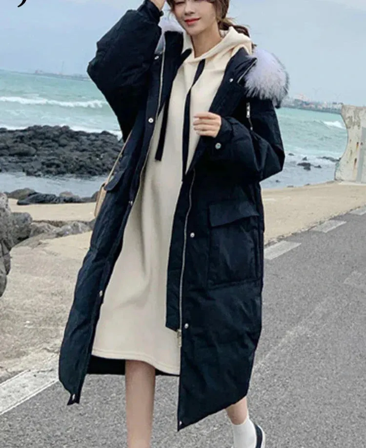 Metaversmall Casual Solid Color Loose Fur Hooded Female Thick Beige Black Coat Women Korean Long Parkas Winter Cotton Jacket Women