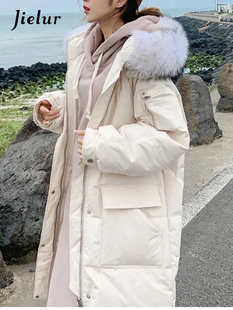 Metaversmall Casual Solid Color Loose Fur Hooded Female Thick Beige Black Coat Women Korean Long Parkas Winter Cotton Jacket Women