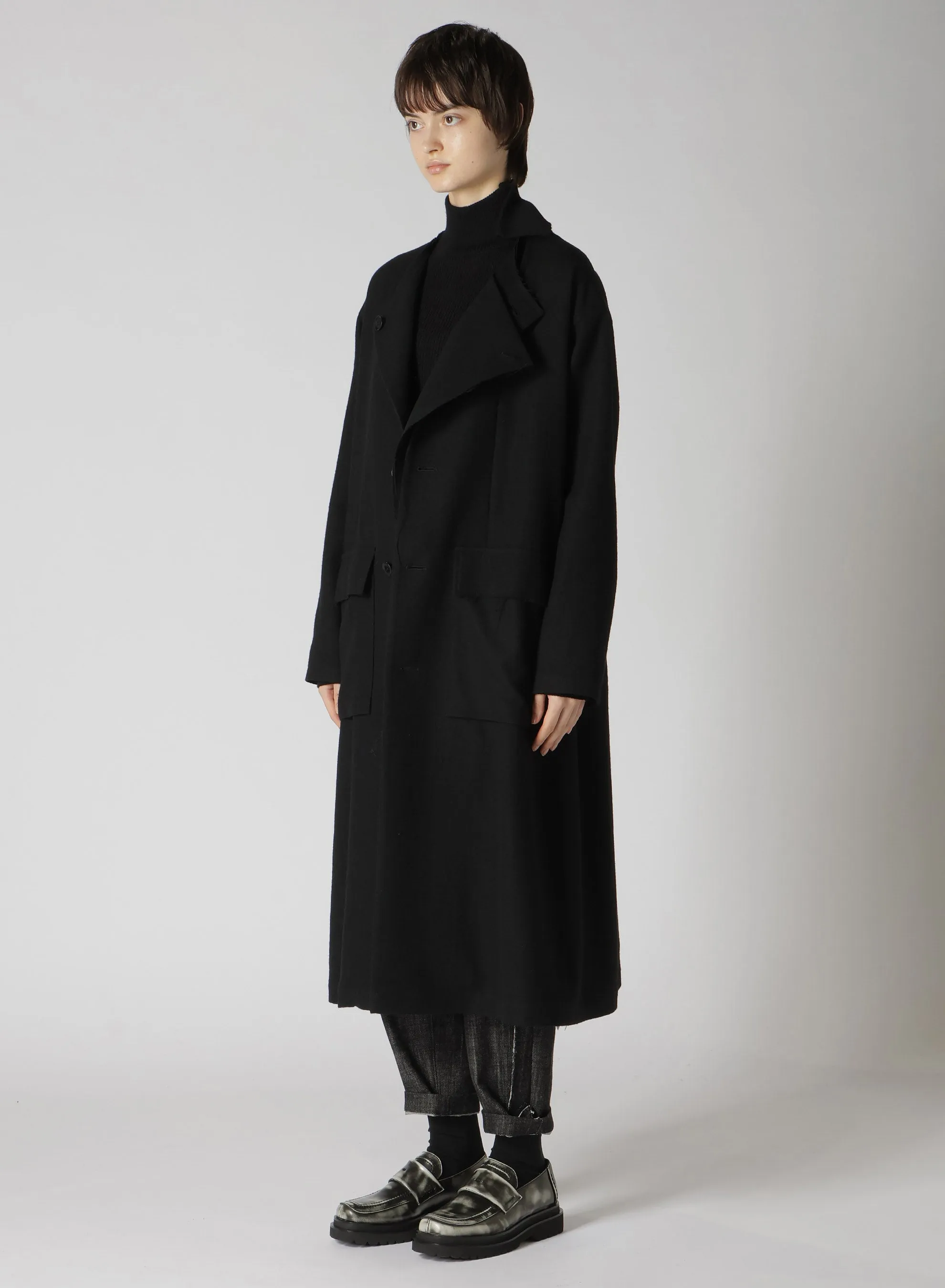 MILLING WOOL SERGE COLLARLESS WIND BREAKER COAT