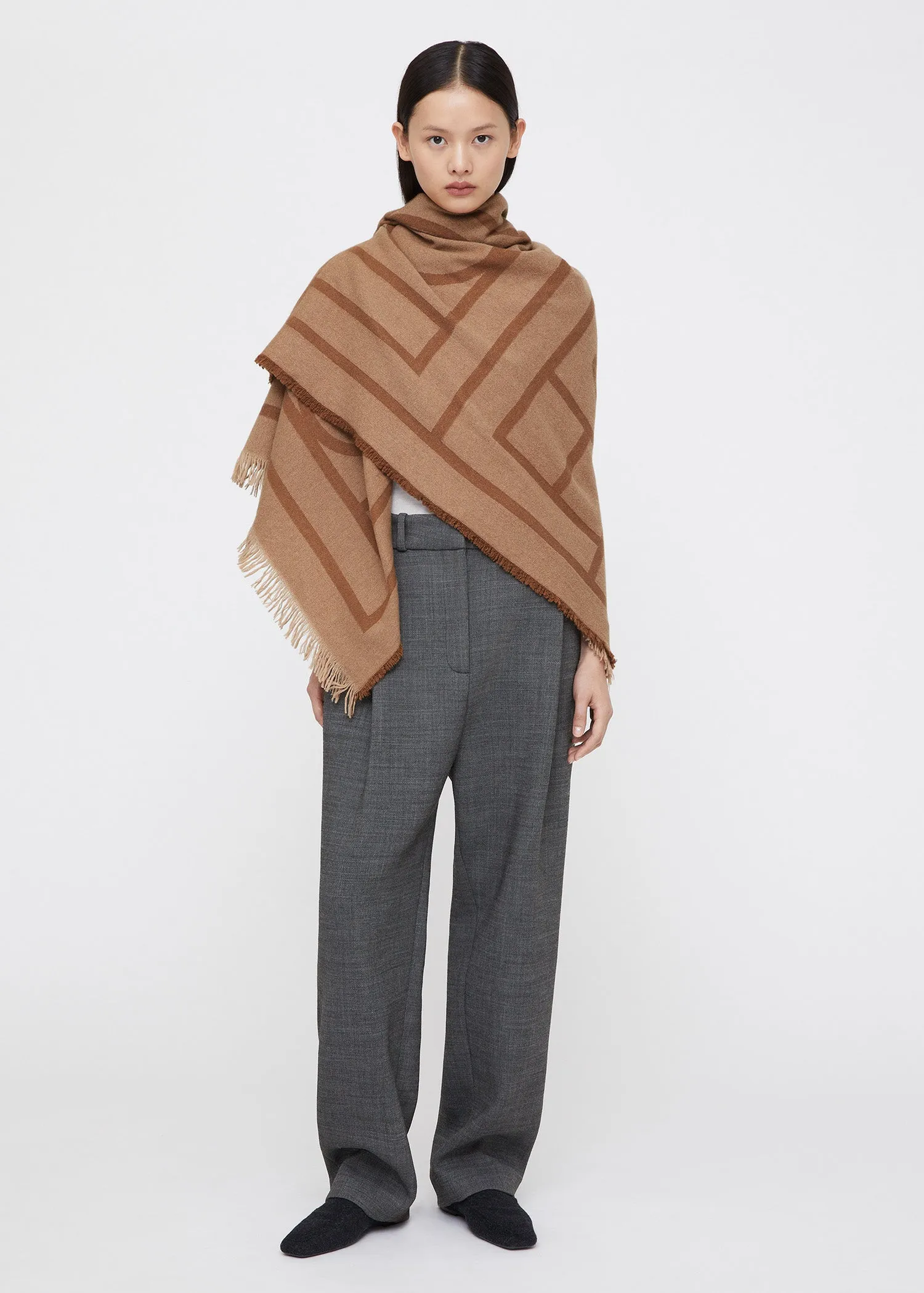 Monogram wool cashmere scarf camel