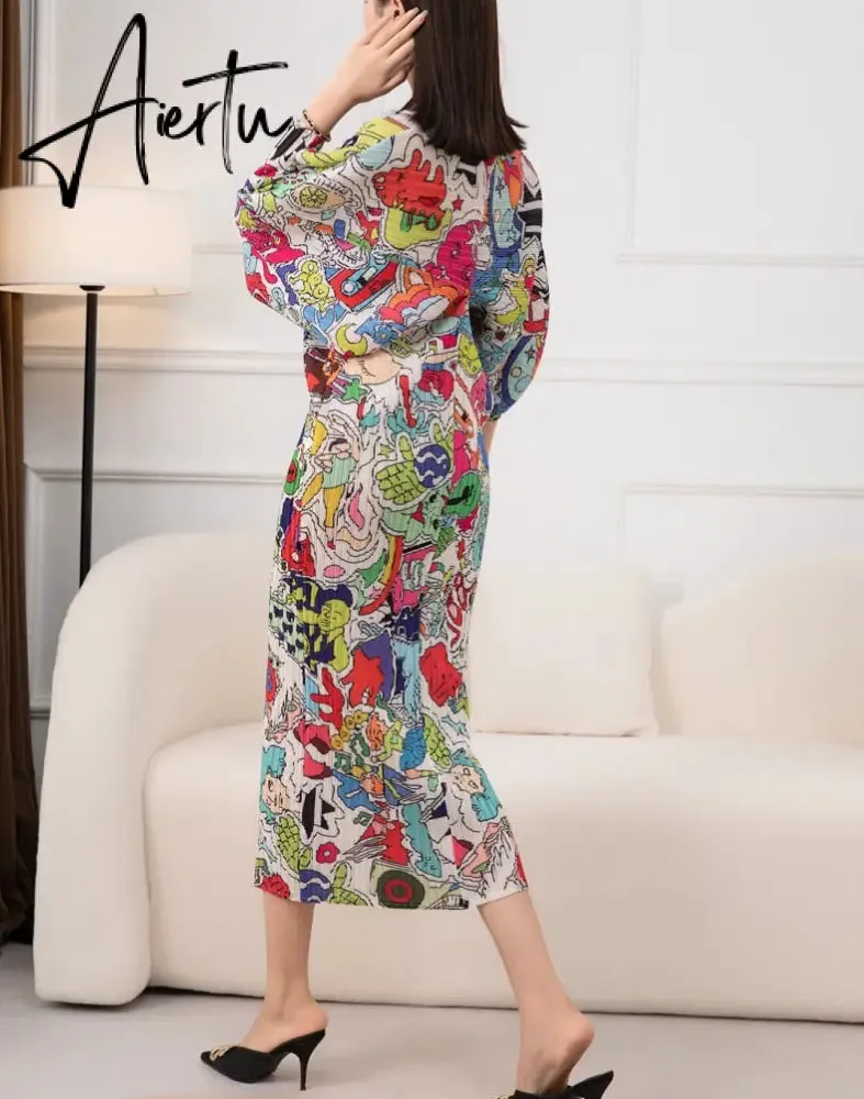 New Autumn/Winter Print Pleated Skirt/Holiday Party Temperament Loose Bat S Sleeve Dress Factory Spot Hot Sales