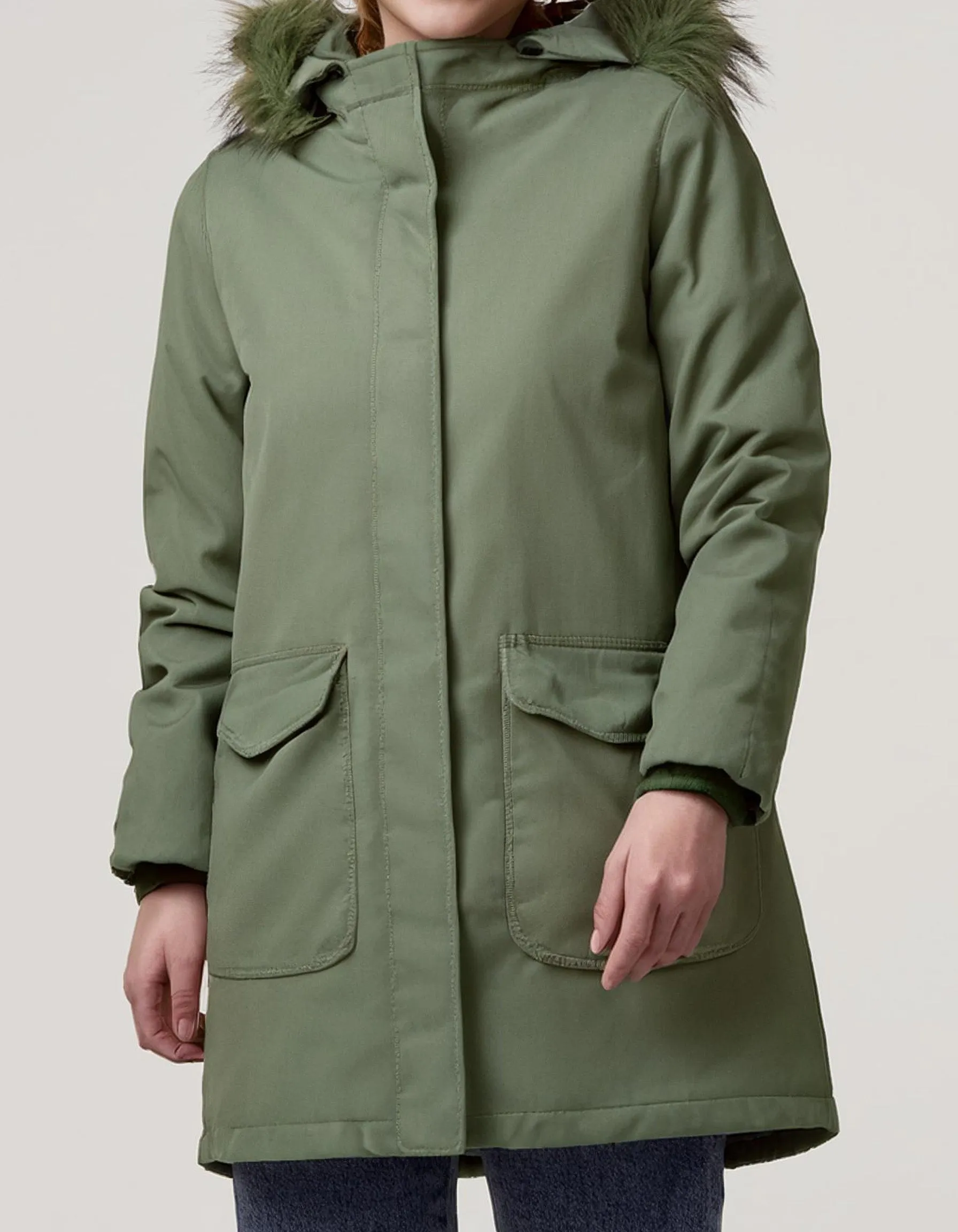 Olive Hooded Parka with Snap Buttons and Pockets