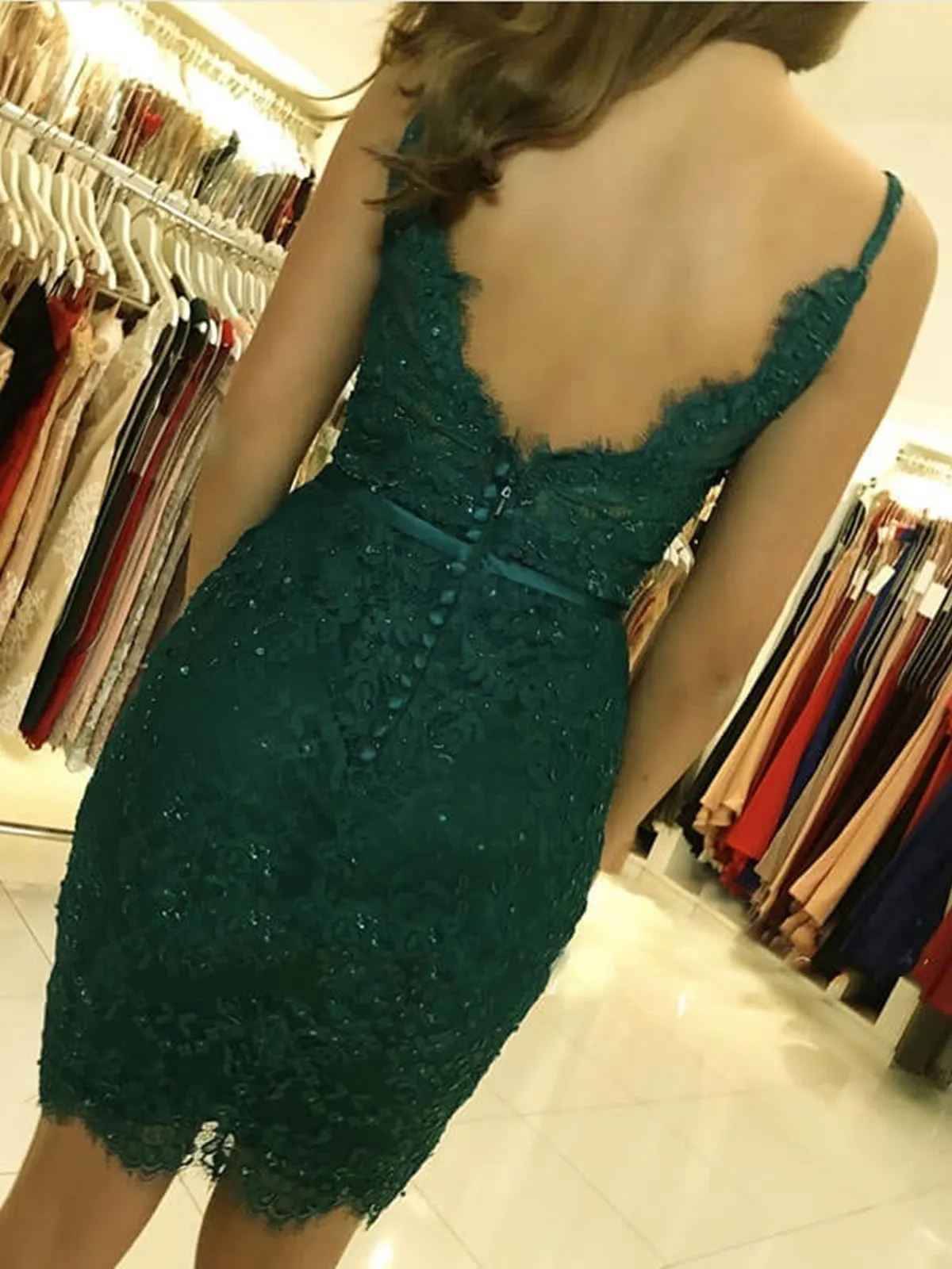 Open Back Mermaid Dark Green Lace Short Prom Homecoming Dresses, Dark Green Lace Formal Graduation Evening Dresses