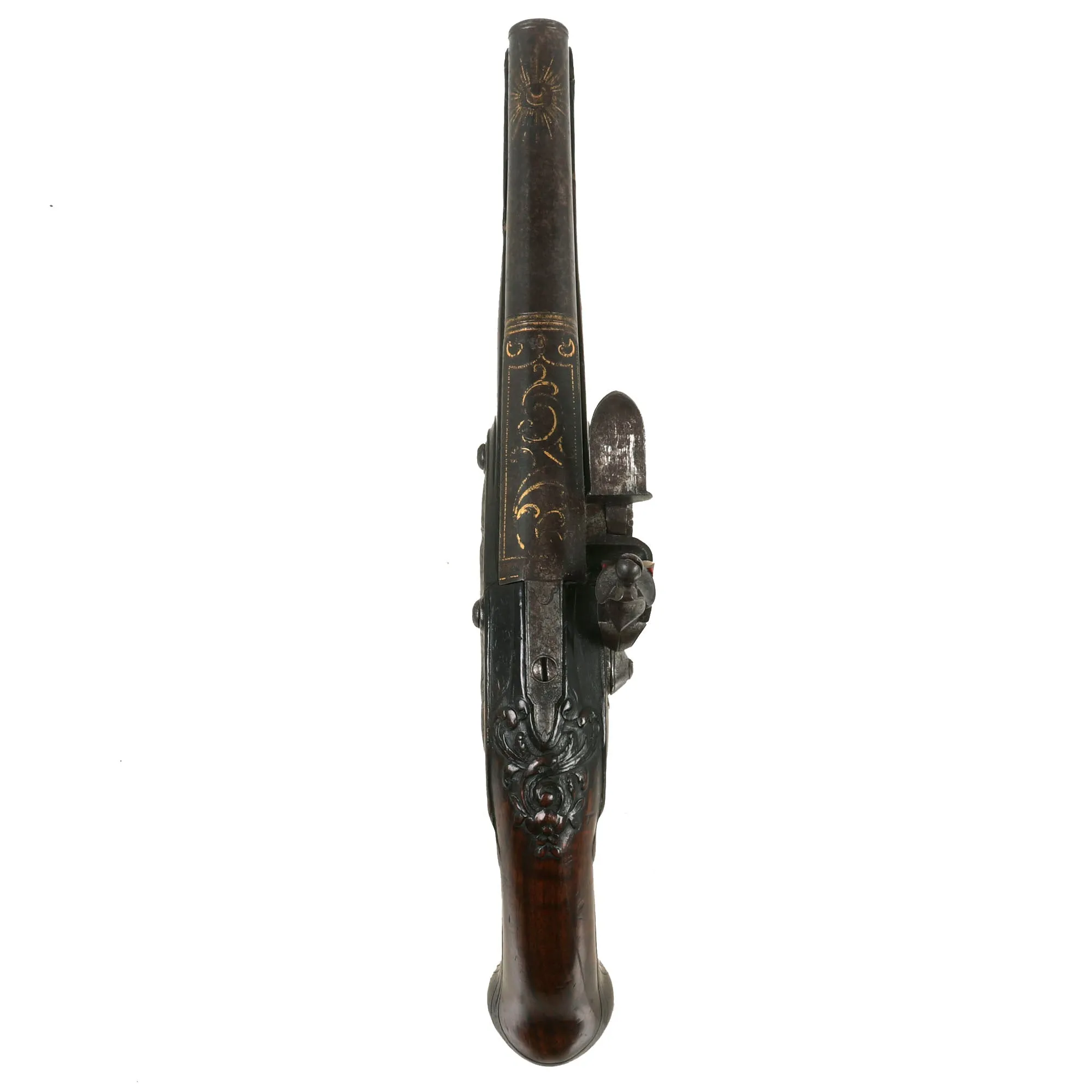 Original French Flintlock Overcoat Pistol by Mollet of Brest with Relief Carved Stock and Gold Etched Barrel - Circa 1760