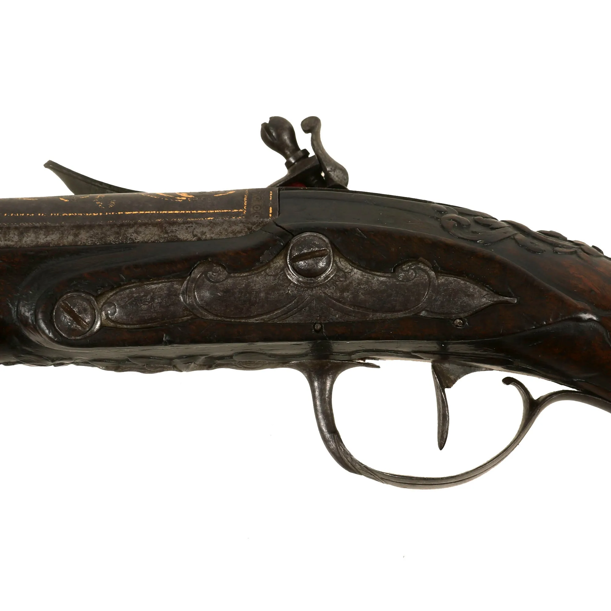 Original French Flintlock Overcoat Pistol by Mollet of Brest with Relief Carved Stock and Gold Etched Barrel - Circa 1760