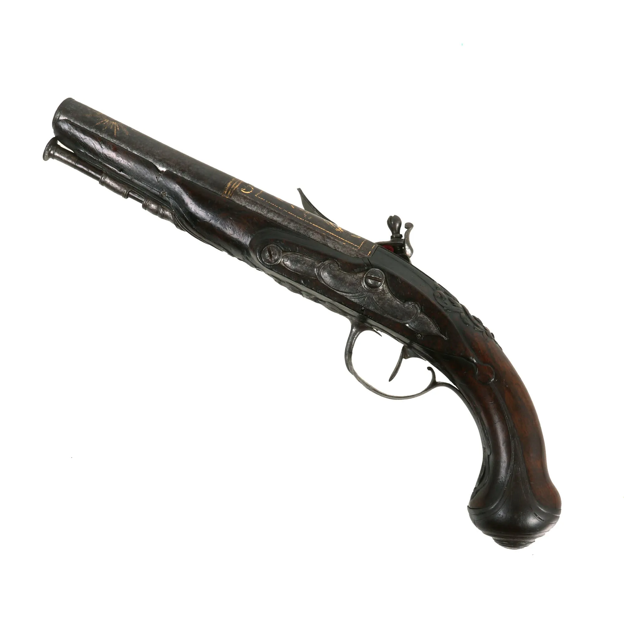 Original French Flintlock Overcoat Pistol by Mollet of Brest with Relief Carved Stock and Gold Etched Barrel - Circa 1760