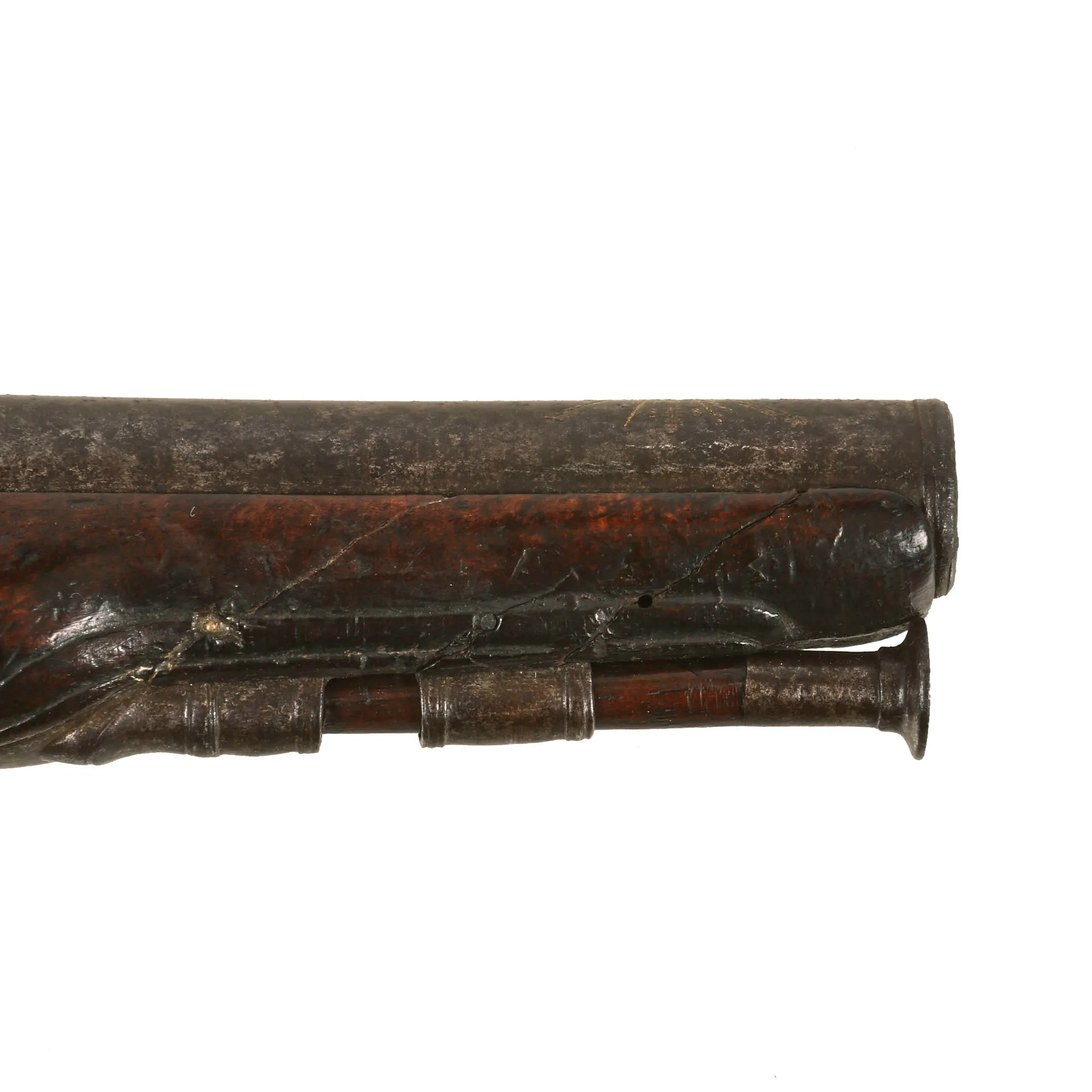 Original French Flintlock Overcoat Pistol by Mollet of Brest with Relief Carved Stock and Gold Etched Barrel - Circa 1760