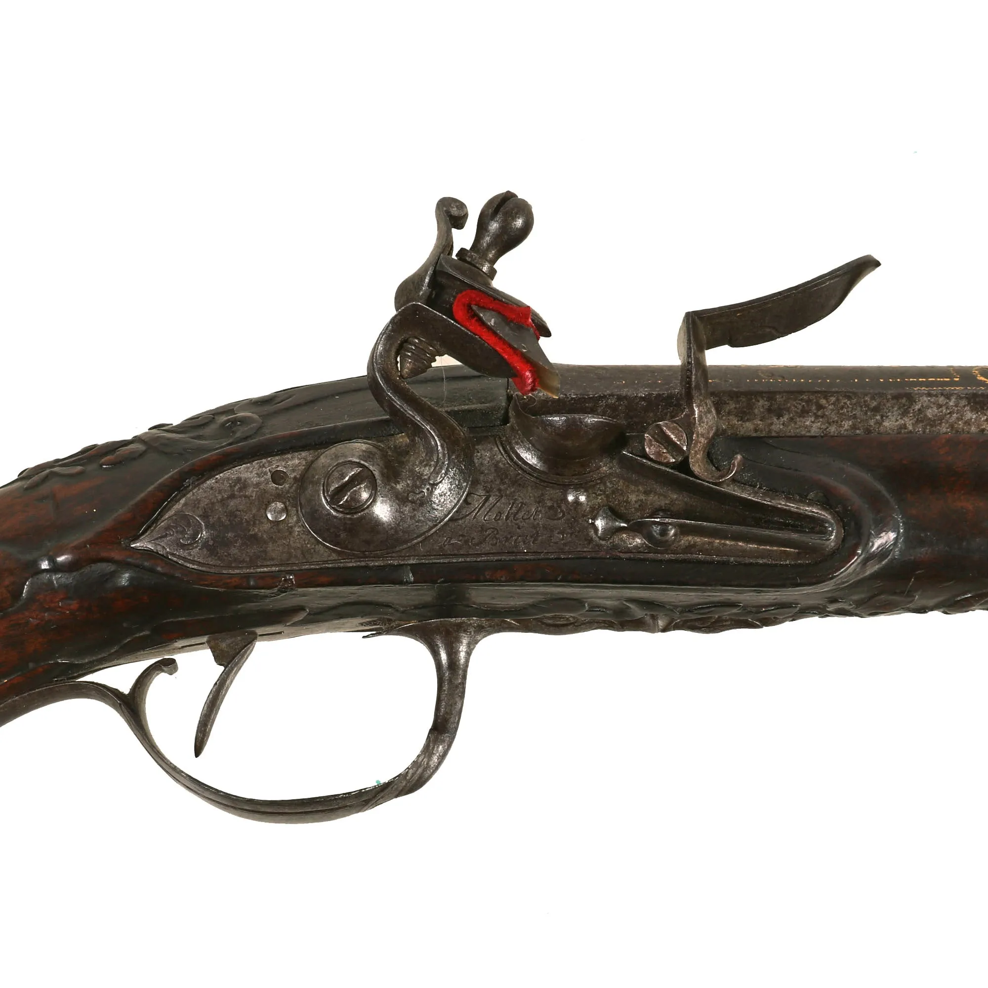 Original French Flintlock Overcoat Pistol by Mollet of Brest with Relief Carved Stock and Gold Etched Barrel - Circa 1760