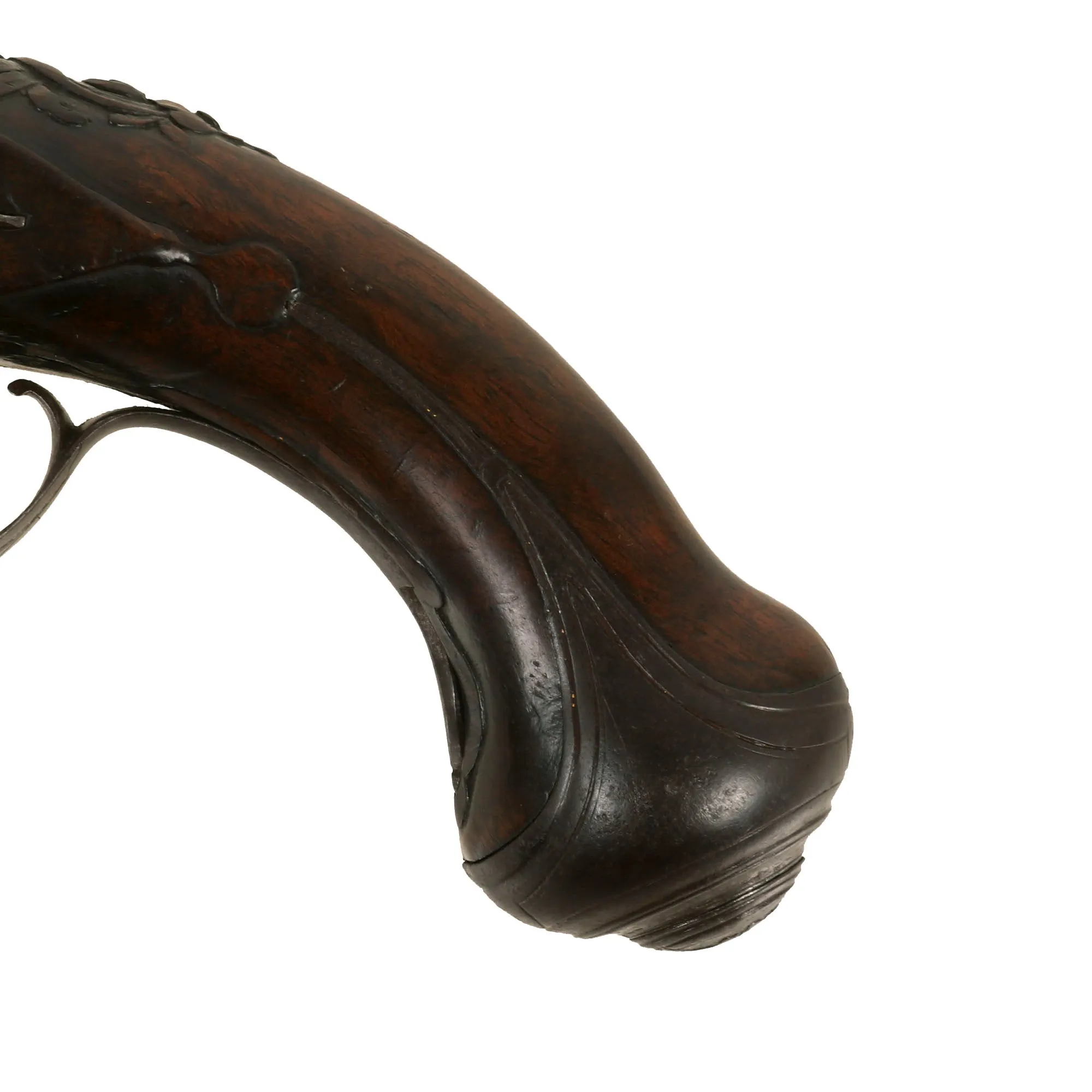 Original French Flintlock Overcoat Pistol by Mollet of Brest with Relief Carved Stock and Gold Etched Barrel - Circa 1760