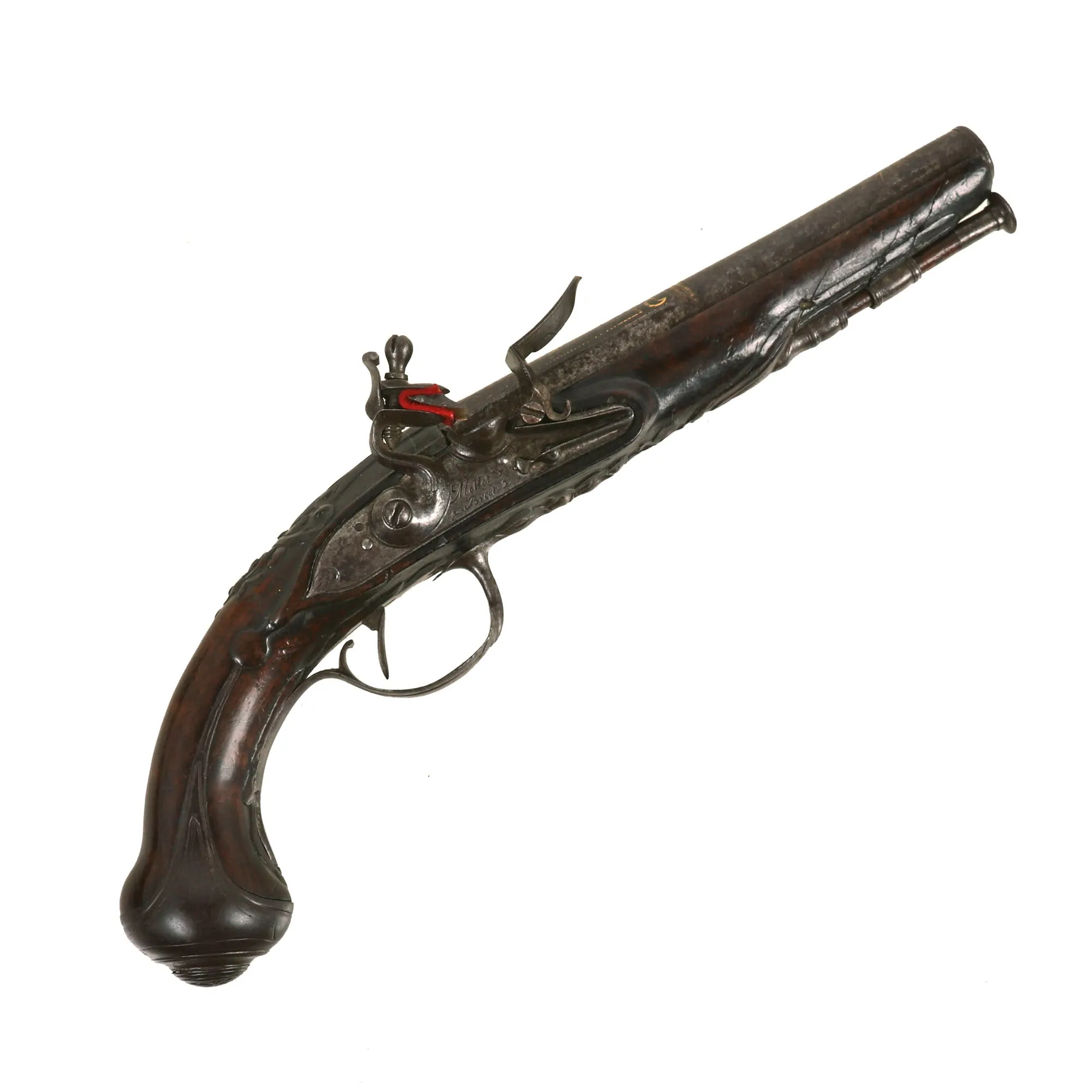 Original French Flintlock Overcoat Pistol by Mollet of Brest with Relief Carved Stock and Gold Etched Barrel - Circa 1760