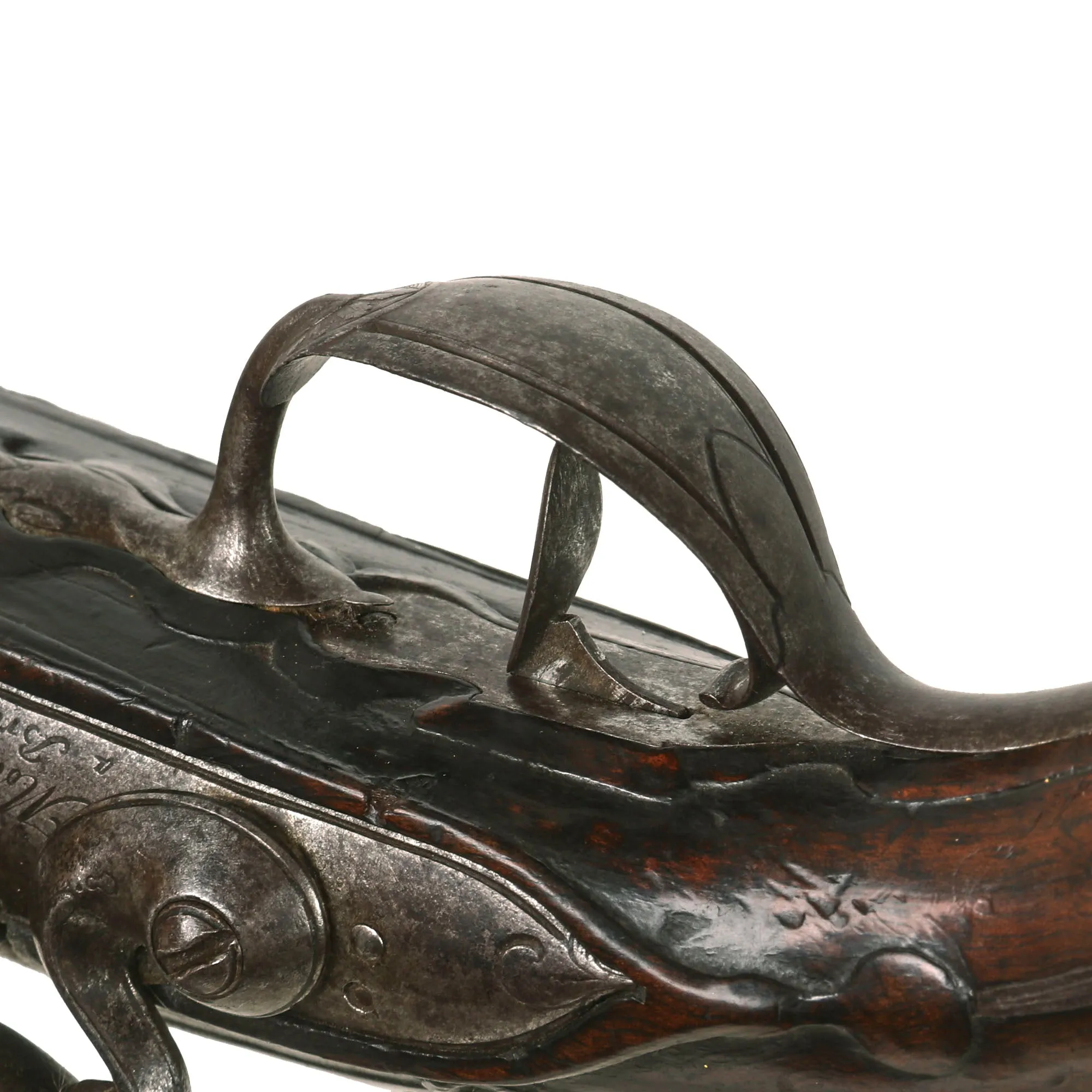 Original French Flintlock Overcoat Pistol by Mollet of Brest with Relief Carved Stock and Gold Etched Barrel - Circa 1760