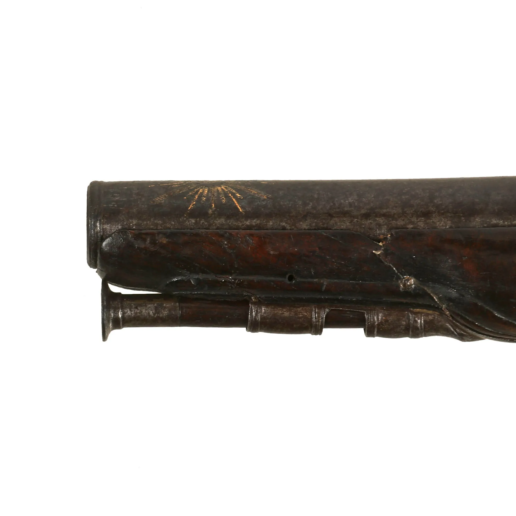 Original French Flintlock Overcoat Pistol by Mollet of Brest with Relief Carved Stock and Gold Etched Barrel - Circa 1760