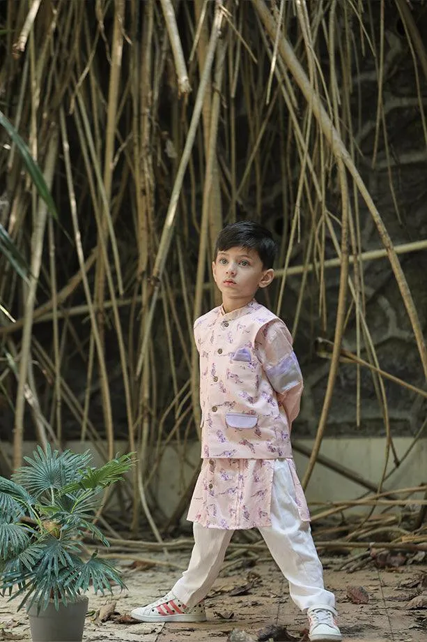 Peach Animal Print Bandi Kurta and Off-White Pants Set for Boys