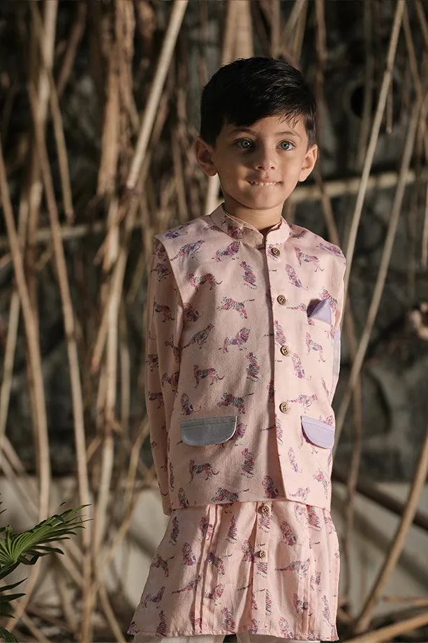 Peach Animal Print Bandi Kurta and Off-White Pants Set for Boys