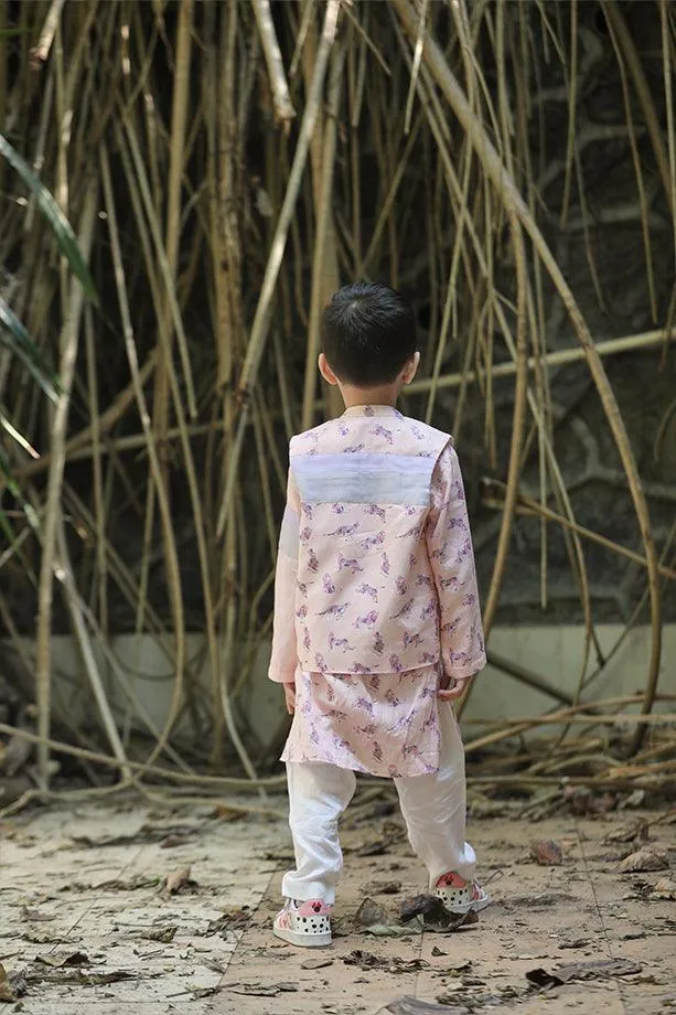 Peach Animal Print Bandi Kurta and Off-White Pants Set for Boys