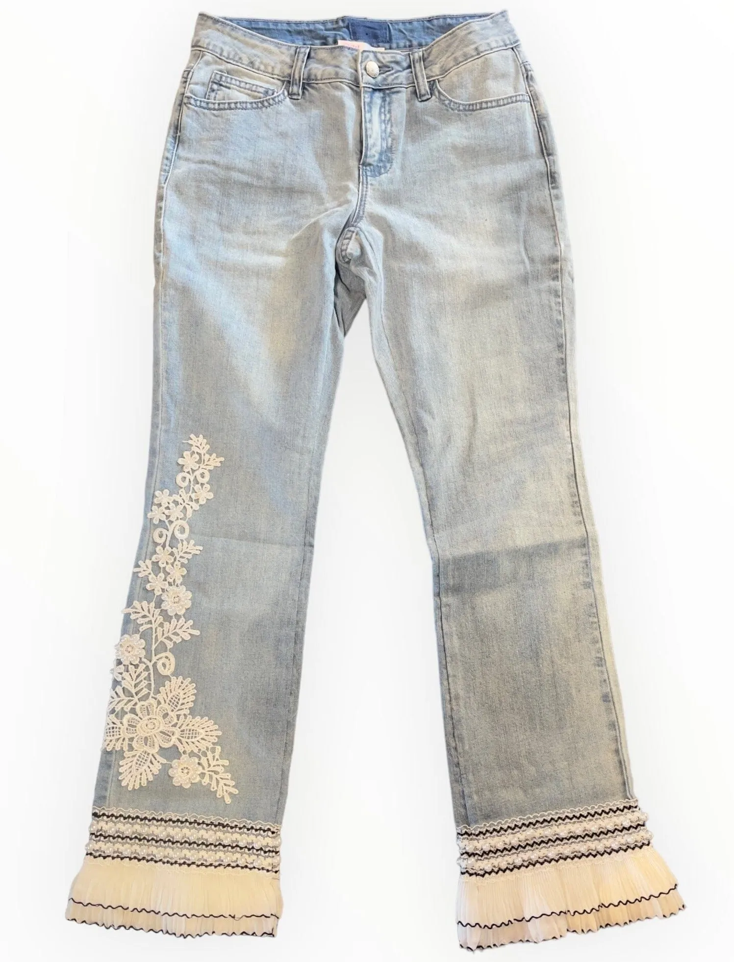 PEARL LACE EMBROIDERED PLEATED FLARE JEANS