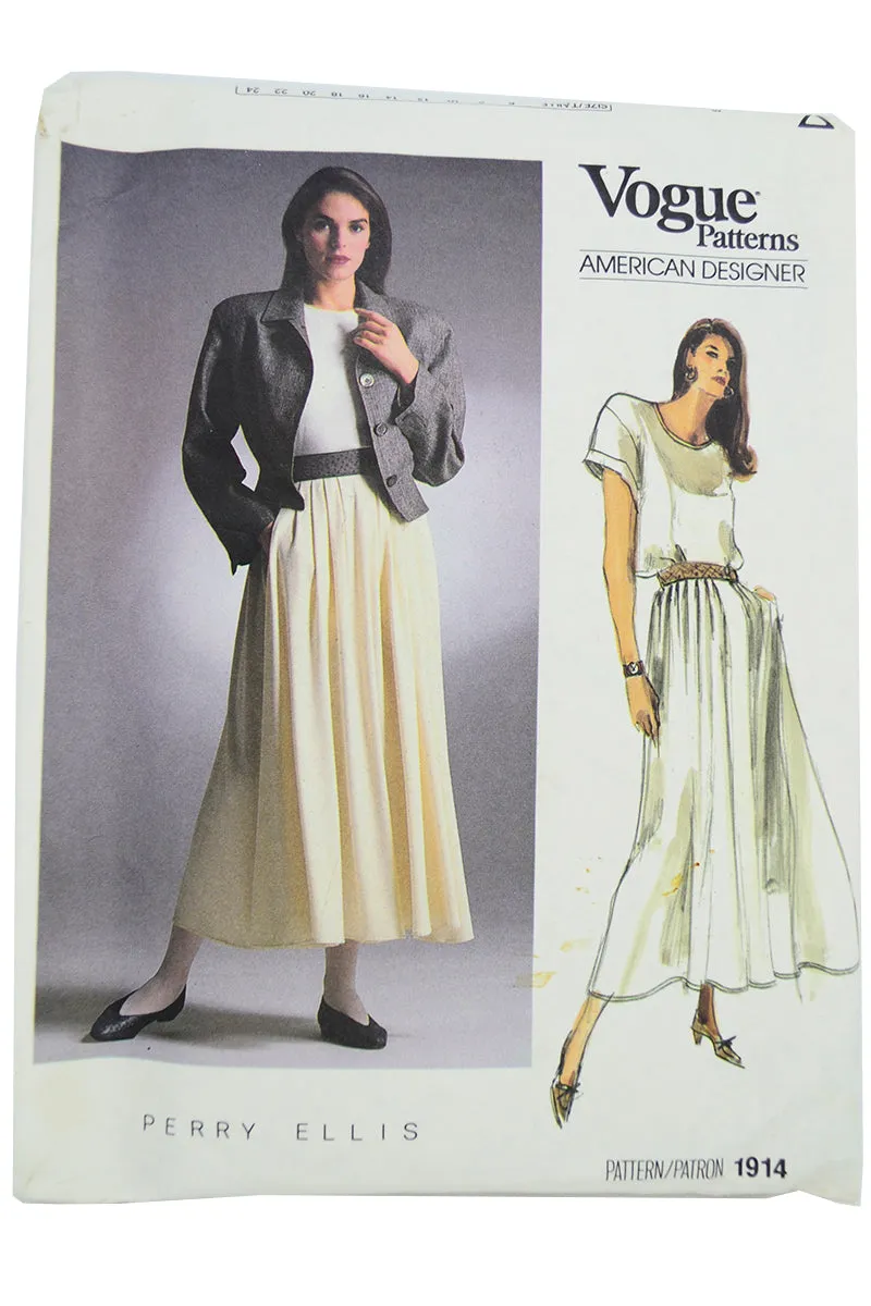 Perry Ellis Vogue 1914 American Designer 1987 Skirt Top & Jacket Pattern