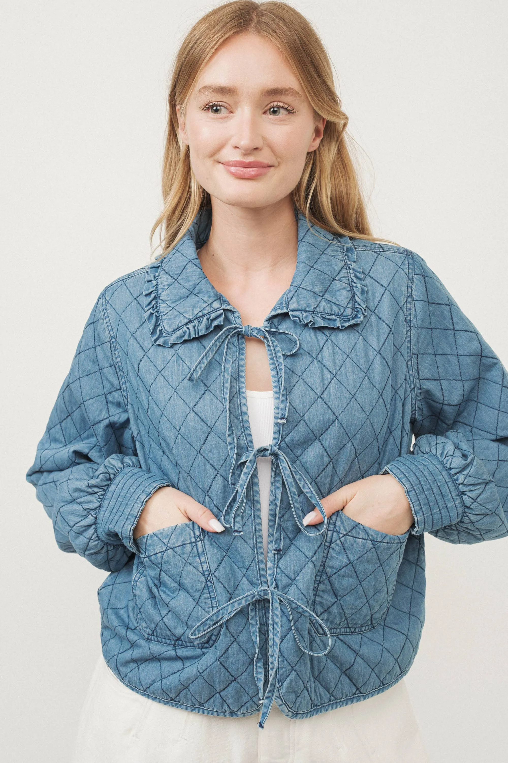 Peter Pan Collar Denim Quilted Jacket