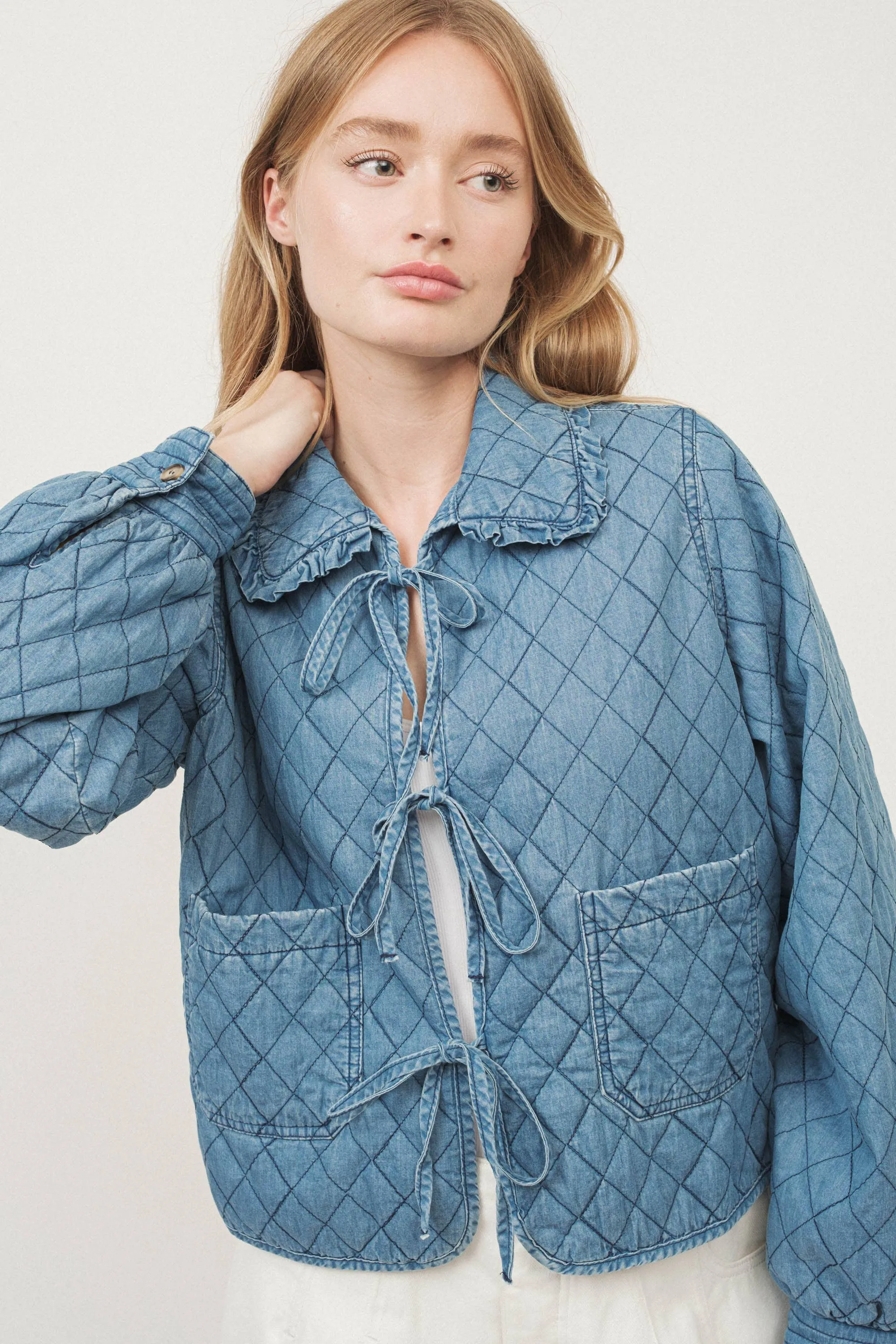 Peter Pan Collar Denim Quilted Jacket