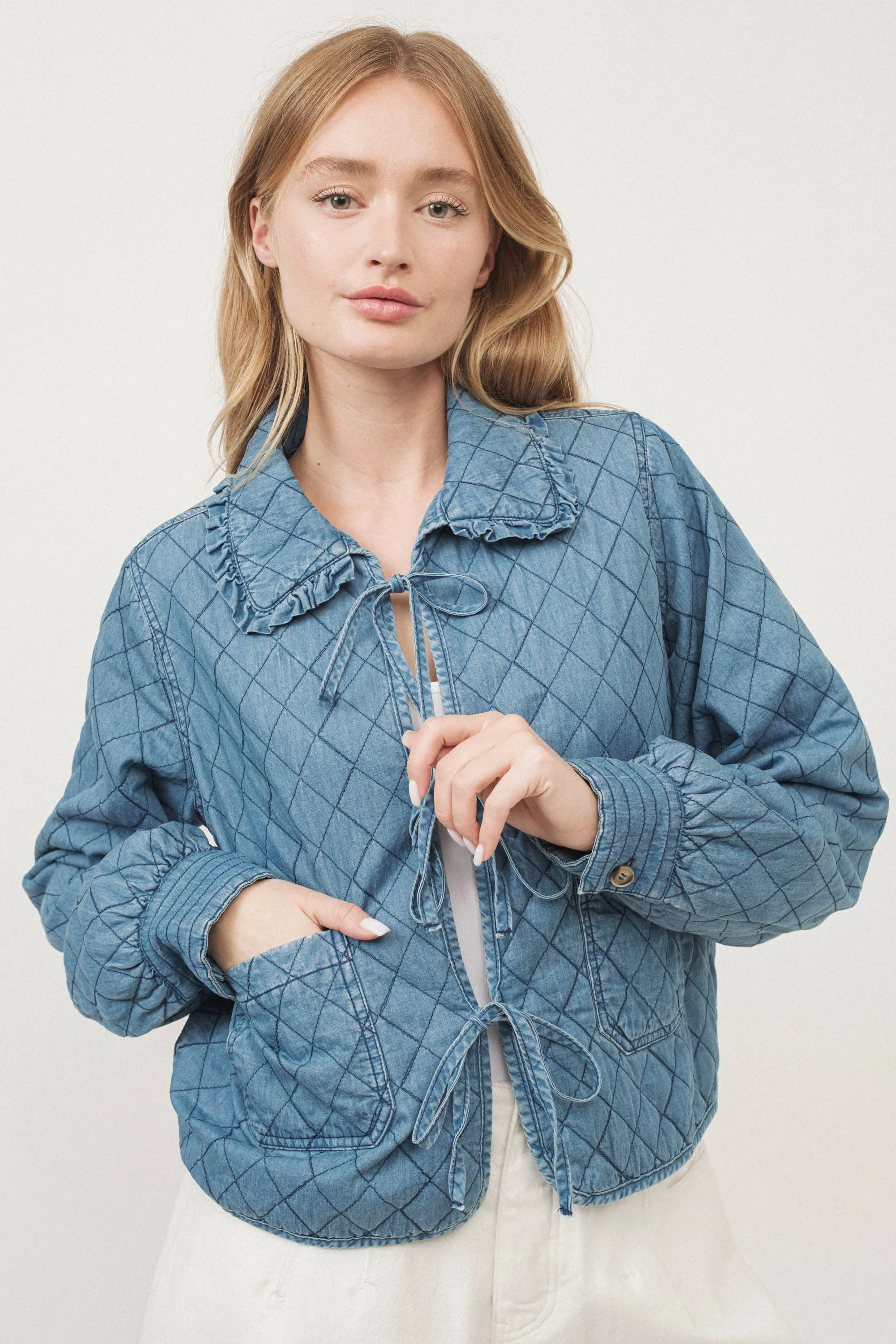 Peter Pan Collar Denim Quilted Jacket