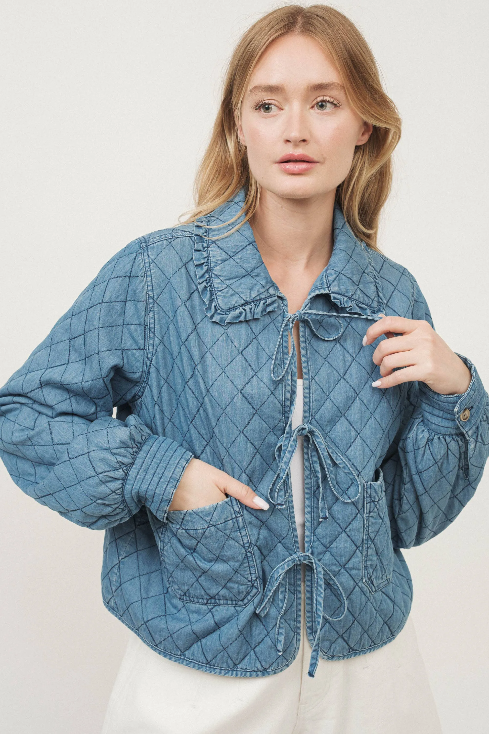 Peter Pan Collar Denim Quilted Jacket