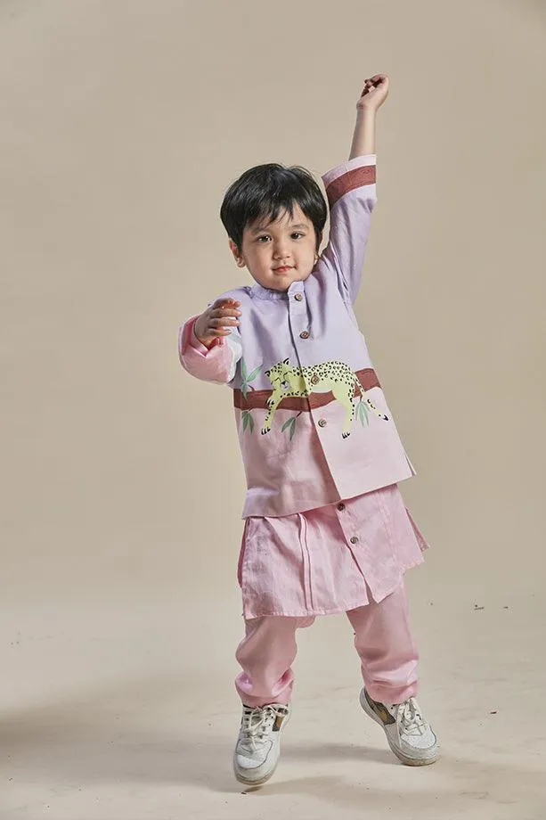 Pink and Lavender Bandi Kurta and Pink Pants Set for Boys