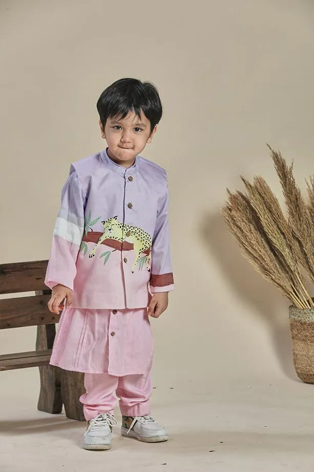 Pink and Lavender Bandi Kurta and Pink Pants Set for Boys