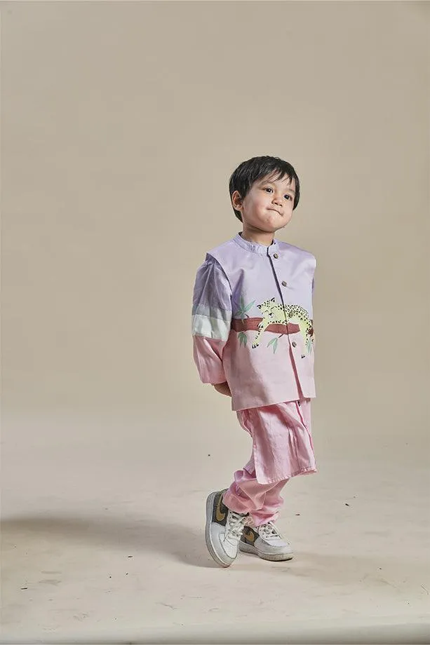 Pink and Lavender Bandi Kurta and Pink Pants Set for Boys