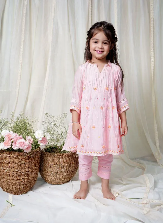 Pink Dew Drops Kurta Set For Girls