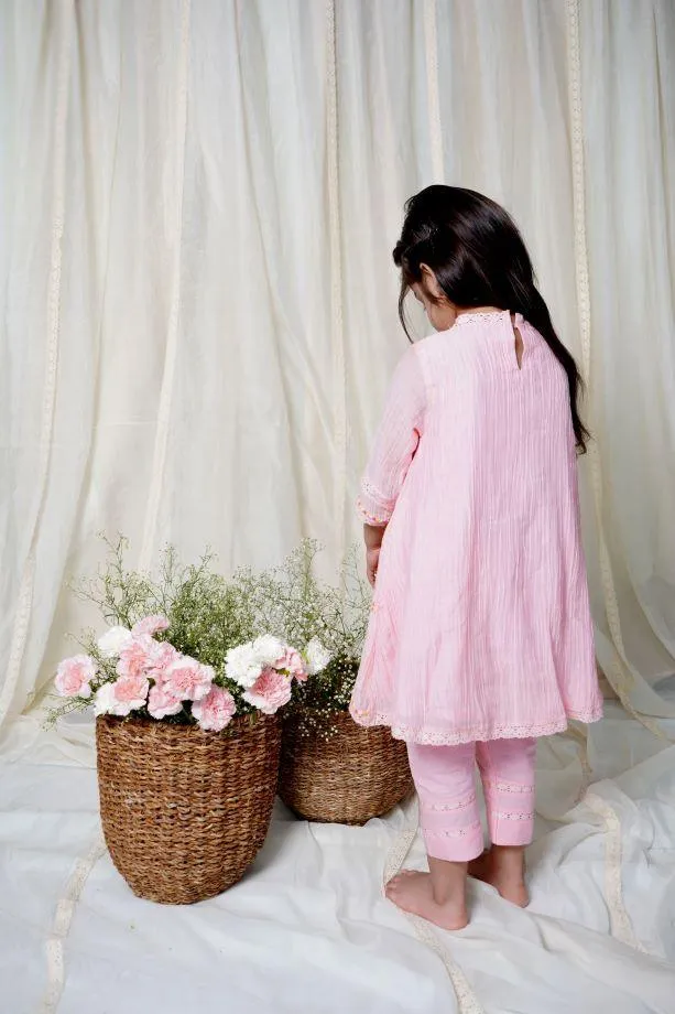 Pink Dew Drops Kurta Set For Girls