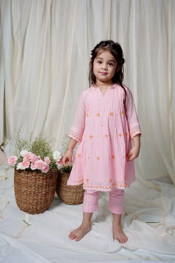 Pink Dew Drops Kurta Set For Girls