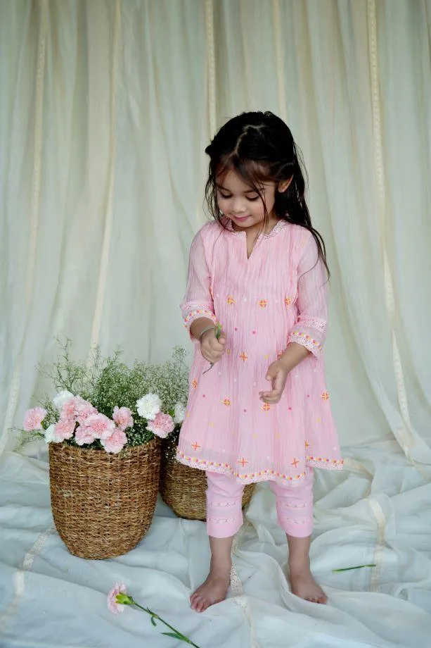 Pink Dew Drops Kurta Set For Girls